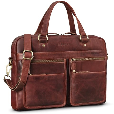 ROYALZ San Francisco axelväska läder herr laptopväska 13-14 tum vintage messenger business väska, Cognac brun Roma, L