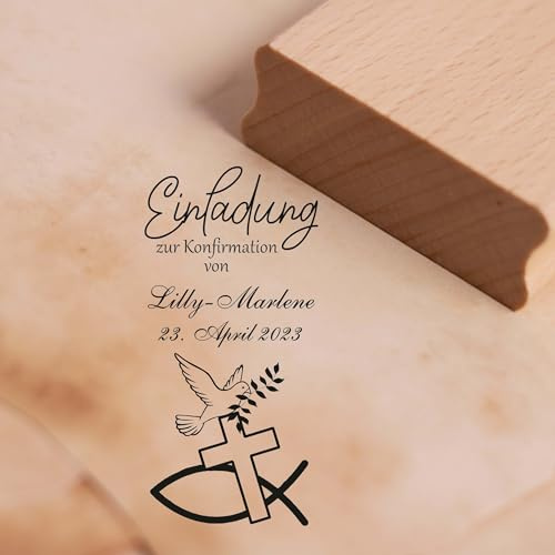 Dekolando Stempel personalisiert Einladung zur Konfirmation von - mit Name und Datum - Holzstempel Motivstempel Christenfisch Taube Kreuz 28 x 58mm