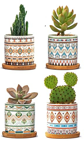 IlGruppone Set 4 Pezzi Vasi In Ceramica Con Decorazioni Fiori Piante Grasse Con Sotto Vaso In Bambù Foro Centrale Vasetti Cactus Decorazione Interno Esterno Con Foro Scarico Contenitore - 7Mantra