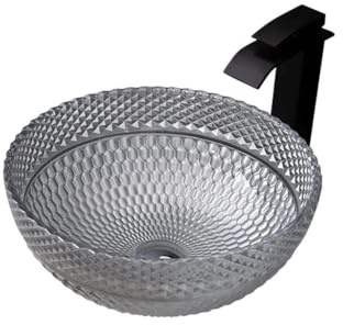 XUNTING Bathroom Sink Vessel Bathroom Vessel Sink Hotel Art Countertop Sink Round Fashion Wash Basin Tempered Glass Wash Basin Vessel Sink(C,Sink Set)