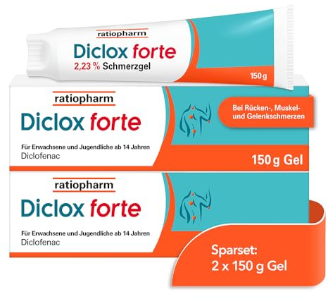 Diclox forte – das stärkste Schmerzgel von ratiopharm im Sparset 2 x 150 g | Lindert akute Rücken- und Gelenkschmerzen effektiv mit Diclofenac in der doppelten* Wirkstoffkonzentration