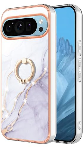 Reevermap Google Pixel 9 Pro XL Case with Ring Holder, Shockproof Silicone Marble Phone Cover Kickstand Soft Metallic TPU Rubber Bumper Case for Google Pixel 9 Pro XL, White