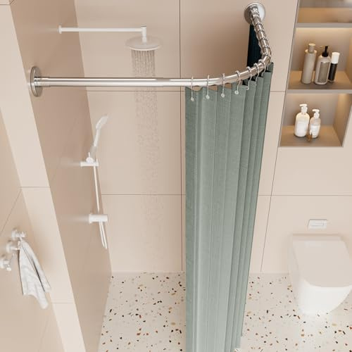 Viertelkreis Duschvorhangstange, Ohne Bohren L Form Edelstahl Verstellbare Duschstange, Gebogene Duschvorhangstange, Für Badezimmer/Badewanne, Silber(Size:B 70-95cm x 90-130cm,Color:Silber)