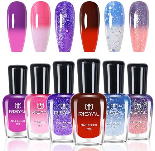 6 Farben Farbwechselnder Nagellack Set, Temperatur Farbwechsel Nagellack - Farbtemperaturregelung Nail Polish für Frauen Mädchen Maniküre zu Hause, Temperaturgesteuerter Kein UV-Nagellampe (Bunt C)