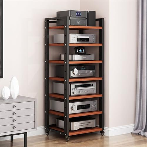 Generisch Stereo-Ständer, Audio-Rack, Audio-Video-Regal, Plattenspieler-Ständer, AV-Medienständer, Stereo-Schrank mit Rädern, 5/6/7/8-stufiges verstellbares Stereo-Rack für Home-Office-Kino, Walnuss,