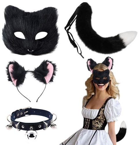 HarnyLoom Katze Fuchs Wolf Maske Schwanz Furry Kostüm Flauschige, Leder Halskette Plüschmaske Set Accessoire Karneval Halloween Party Cosplay für Erwachsene (Schwarz)
