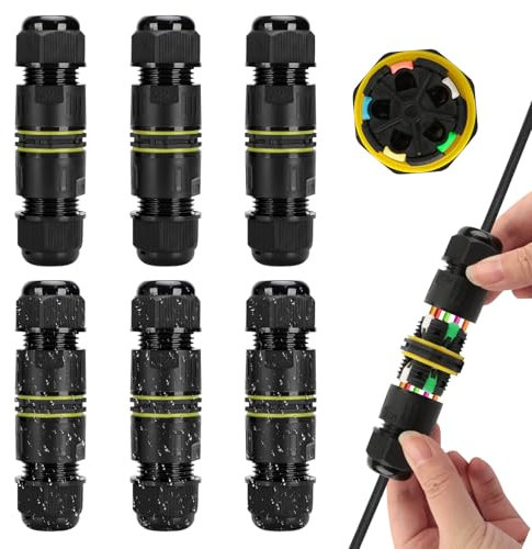 6 Pièces Boîte de Jonction IP68 Connecteur Étanche Forme de Droit Connecteur Électrique Étanches Boîte de Dérivation Extérieur Connecteur Câbles 5 Broches Ø 9-12 mm