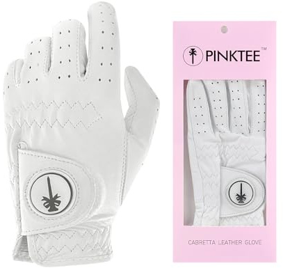 CROWNBLANKS PINKTEE golfhandske för kvinnor, vänsterhänt, dam, premium, AAA Cabretta läder, golfhandskar med avtagbar magnetisk bollmarkör, full fingerfärg, vit rosa (vit märke, 20)