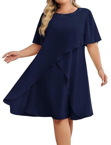 Hanna Nikole Abiti da Sposa per le Signore Taglia Grande Chiffon Abiti da Sera con Paillettes Scollo a Giro Elegante Abito da Cocktail Cerimonia Abito Midi per la Madre della Sposa, Blu marino, 50