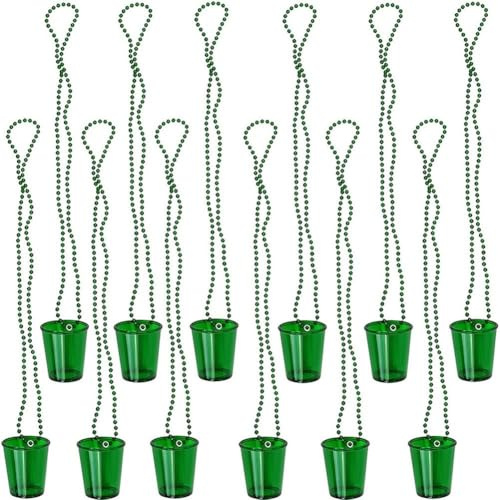 Zghhc 12pcs Shot Glasses on Beaded Necklace for Adults, Unisex, Green Plastic Bohemian Shot Cup Necklace for St. Patrick's Day, Birthday, Wedding, Bachelorette Party Decoration Supplies