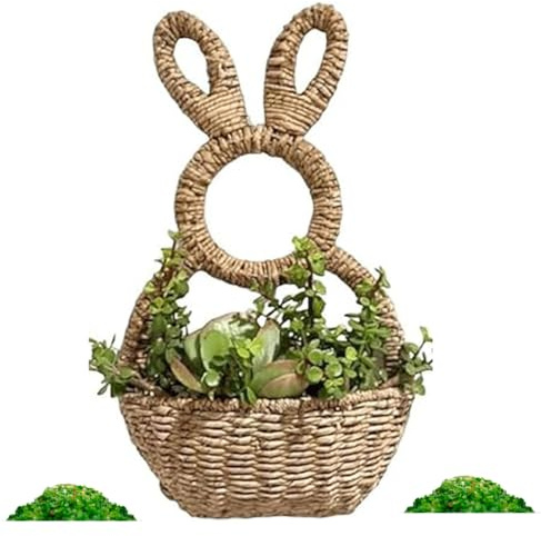 Bunny Basket Hanging, Easter Bunny Baskets Wreath, WallMounted Rattan Decoration, Rabbit Wall-Mounted Flower Pot, Door Baskets for Flowers Front Door Outside Outdoor or Indoor