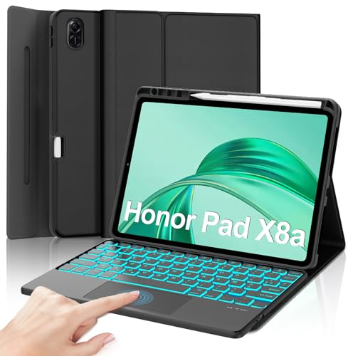 Coque Clavier pour Honor Pad X8a 11 Pouces avec Pavé Tactile, AZERTY Français Clavier Bluetooth Magnétique Détachable avec 7 Couleurs Rétroéclairées pour Tablette Honor Pad X8a 11 2024, Noir