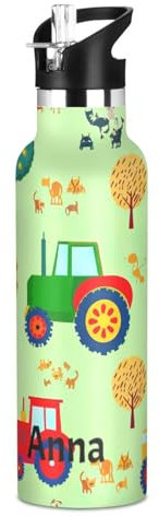Borraccia personalizzata per bambini con cannuccia, a prova di perdite, borraccia sportiva per bambini per ragazzi e ragazze, 590 ml, senza BPA, trattori carini verde fresco