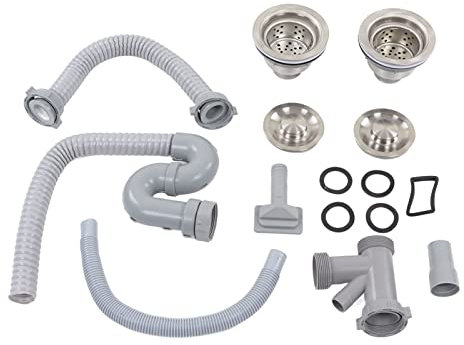 Tissting Kitchen Sink Drainer Pipe, Stainless Steel S Bent with Double Drains Sewer Pipe Set, Flexible Double Sink Downpipe, Fittings for Kitchen Bathroom Washstand