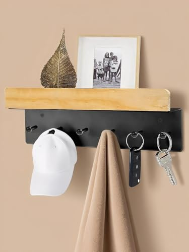 WJUAN Portachiavi da parete con mensola e 6 ganci – Porta chiavi da muro in legno e metallo, appendi chiavi ingresso casa, arredamento casa con fissaggio a vite incluso