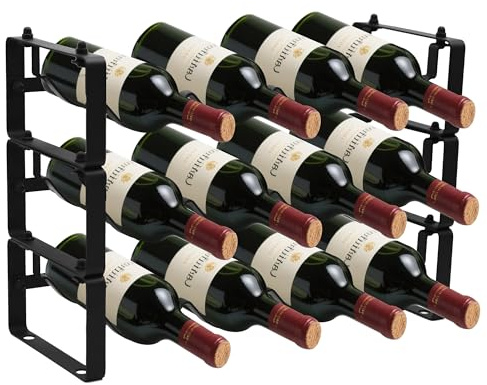 STAEVER Black Wine Rack for 12 Bottles – Stackable & Expandable Metal Wine Bottle Holder for Bar Counter, Cabinet, Pantry, or Small Spaces – Modern Freestanding Wine Storage Shelf (3 Tier, Black)