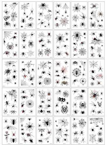 JEXOWIQ 30 Blätt Halloween Tattoos Spinnen Tattoo Gesicht Spinnentattoos 3D Realistisch Fake Tattoos Spinnennetz Temporäre Tattoos Vampir Tattoos Halloween Deko Horror Aufkleber Gesicht Cosplay Kostüm