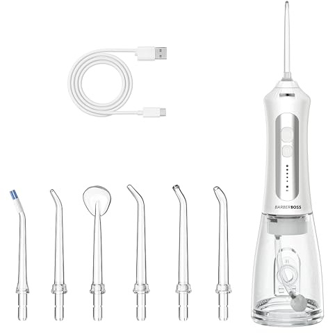 BarberBoss uppladdningsbar vattenflosser för tänder och tandkött, 5 rengöringslägen, 5 jetspetsar, 300 ml tank, USB sladdlös oral irrigator, IPX7 vattentät och 360° munstycke