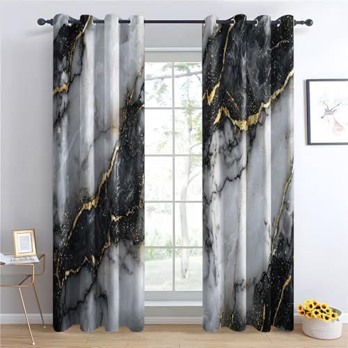 Luxfieo Marmor Vorhänge Schwarz Weiß Gold Modern Abstrakt Vorhang Blickdicht Gardinen 200cm Lang Verdunklungsvorhänge mit Ösen Thermovorhang für Wohnzimmer Schlafzimmer Fenster Deko 2er Set