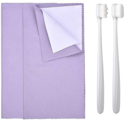 Syyflibb 2PCS Jewelry Cleaning Cloth, Silver Polishing Cloth Jewelry,2 PCS Ultra-Soft Brushes (Flat & Wave) for Cleaning Gold, Diamonds, Platinum, Gemstones, Coins(Purple)