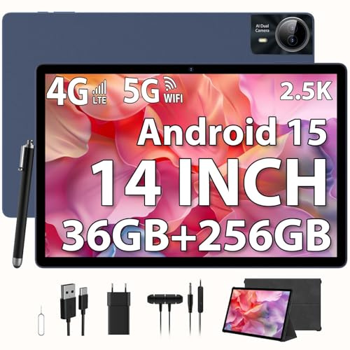 PIXGOOD 2.5K Android 15 Tableta 14 Pulgadas, 4G Lte/5G WiFi, INCELL 2240x1400, 11580mAh, 36GB RAM, 256GB ROM (Extensión 2TB), Octa-Core, 13MP+8MP, Tablet con Custodia/Auricular/GPS/Bluet 5.0 (Azul)