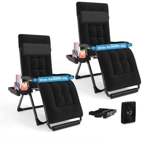 YOGFWV Liegestuhl Klappbar Gepolstert 2er Set, 65cm Breit Verstellbar Relaxsessel Sonnenliege mit Kopfkissen, Getränkehalter & Auflage, Gartenliege Belastbar bis 200kg für Balkon Terrasse Camping