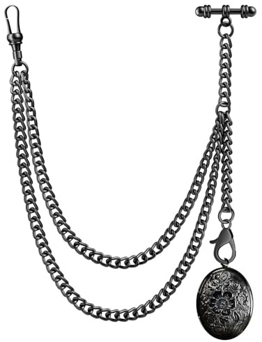 DerMacht Single Albert Pocket Watch Chain T-Bar with Elegant Locket Pendant Black