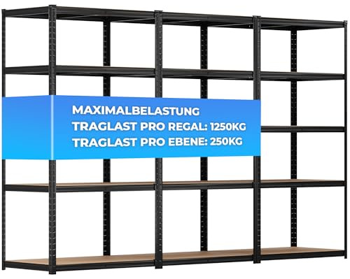 ALL Premium Schwerlastregal 180x90x60 cm 3er-Set Schwarz 3750kg Traglast – stabiles Regal 90 cm breit & Schwerlastregal 60 cm tief geeignet als Kellerregal Metall, ideale Regale Kellerraum & Garage