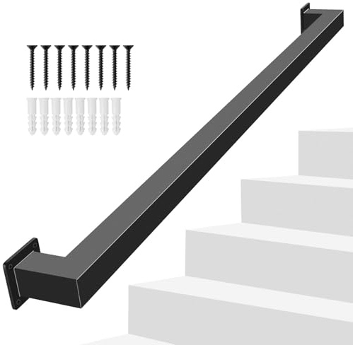 3FT/90CM Square Tube Stair Handrail, Safety Wall Mounted Hand Rails Stairs, Industrial Pipe Stair Handrail for Indoor Outdoor Step, 440lbs Load, Non-Slip Carbon Steel Grab Handle for Stairs Loft