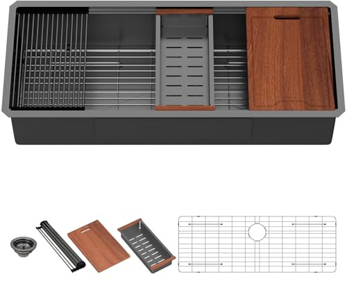 Lordear Luxury 45 Inch Kitchen Sink Black Undermount Kitchen Sink Large Ledge Workstation 16 Gauge Stainless Steel Single Bowl Under Counter with Built-in Accessories 45''x19''x10''