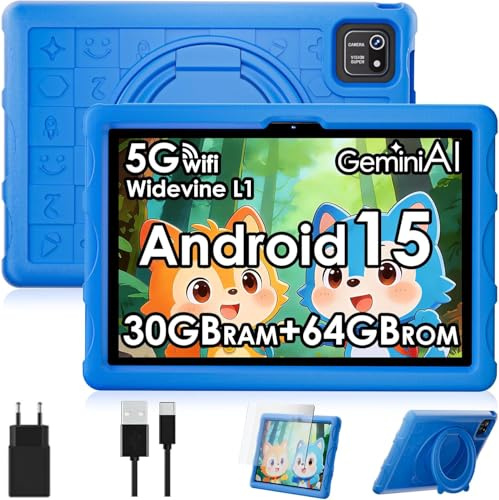 ZENTALITY Kinder Tablet 10 Zoll Android 15 mit 30GB RAM + 64GB ROM(2TB), 5G WLAN 6, Widevine L1, Elterliche Kontrolle, 8-Core, 8000 mAh, Kids Tablet mit Kinder Hülle Eva + 360° Drehbarer Ständer,Blau