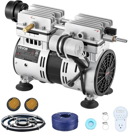 VEVOR Teichbelüfter, Teichbelüftungspumpen-Set, 590-W-Teichbelüftungssystem, 1400 U/min, Luftkompressor für Sauerstoffzirkulation mit 360°-Nano-Diffusorplatte, für Teich, Wassergarten