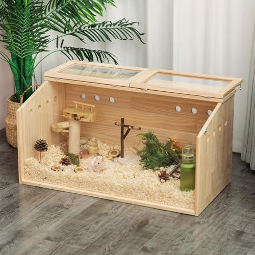 Hamsterbur, stor trähamsterbur, transparent akrylfönster, öppningsbart lock för syrisk hamster, chinchillor, gerbiler