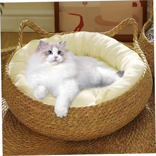 Obelunrp Lits tissés pour Chats d'intérieur, Panier Rond en Paille tissée de 17 Pouces avec Coussin, Lits pour Chatons Anti-Rayures pour Chats de Petite, Moyenne et Taille