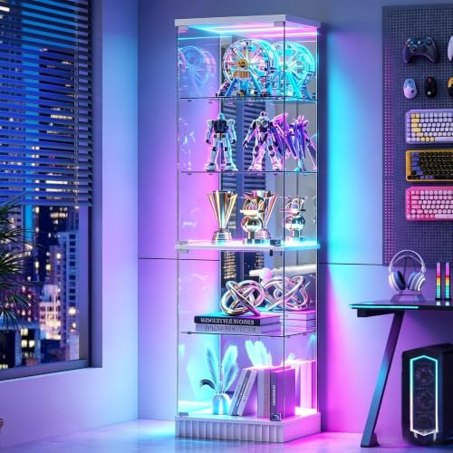 5-Tiers RGB Corner Display Cabinets with Human Body Sensor for Collectibles | Display Cabinet with Colorful Lights,Curio Cabinet with Lock Adjustable Shelves,Display Case Bookcase for Living Room,White