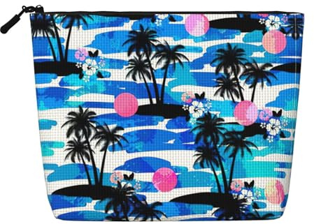Palm Tree Fake Hemp Travel Pouch for Women, Large Capacity Cosmetic Bag Daily Use Zippered Organizer