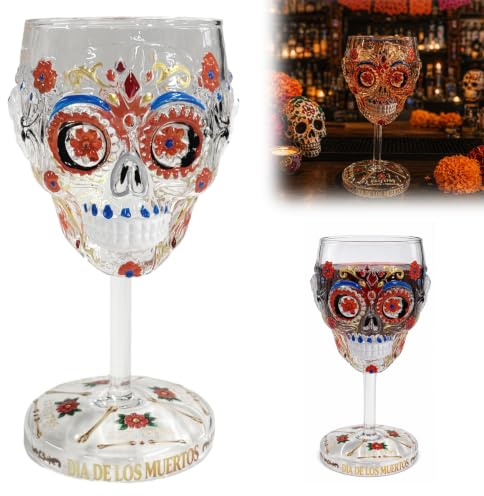 Handcrafted Day of the Dead Skeleton Floral Goblet Limited Edition Art Glass Gothic Skull Wine Glass for Bar Altar Home Decor