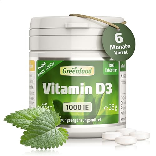 Vitamin D3, 1000 IE, hochdosiert, 180 Tabletten - OHNE künstliche Zusätze | Unterstützt Knochen, Zähne, Muskeln, Immunsystem, Vitamin D, Hohe Bioverfügbarkeit, Laborgeprüft, Halal, Vegan