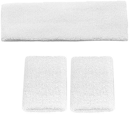 Accessotech Sports Sweat Band Wristband Headband Set Squash Tennis Badminton Gym Yoga Class (White)
