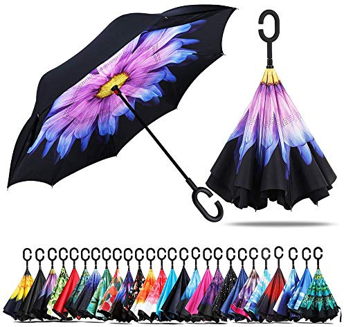 NNY Inc Parapluie double face coupe-vent et protecteur contre les UV - Pliable - Parapluie droit inversé pour hommes et femmes - Autoportant - Poignée en forme de C - pour golf/voitures (beauté)