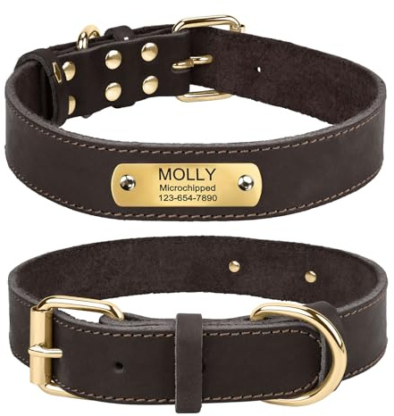 TagME Hundehalsband Personalisiert aus Leder mit Eingraviertem Hundename und Telefonnummer, Hundehalsband aus Echtem Leder für Extra Großen Hunden