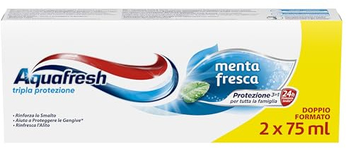 Aquafresh Tripla Protezione, Dentifricio 3 in 1 per tutta la Famiglia, Denti Forti, Gengive Sane, Alito Fresco, Gusto Menta Fresca, pacco da 2 x 75ml