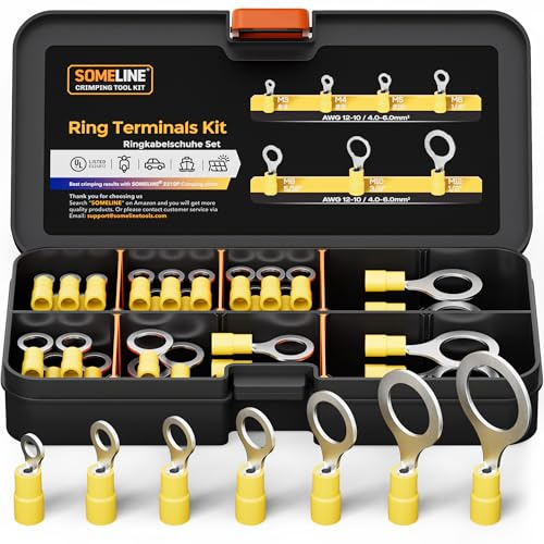 SOMELINE PVC Ringklemmen Set, 7 Größen für 4–6mm², 38 Stück | Verzinntes Kupfer mit PVC-Isolierung. Ringkabelschuhe für Fahrzeuge und den Heimgebrauch