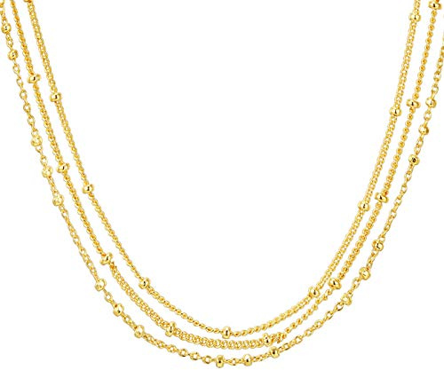 PAVOI Womens 14K Gold Plated Yellow Gold Curb Paperclip Box Sphere Bead Snake and Figaro Chain Adjustable Necklace