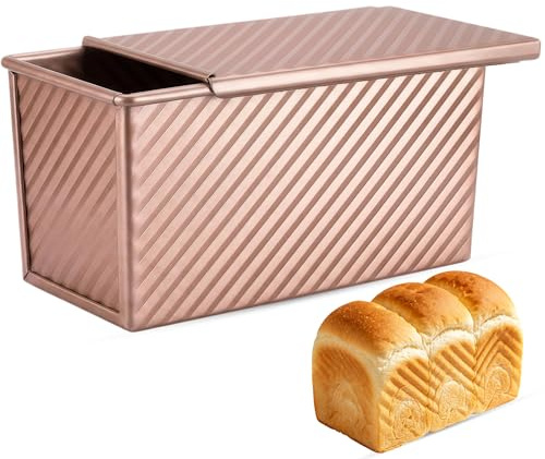 Spmarkt Pullman Loaf Pan with Lid, Aluminized Steel 1 Lb Nonstick Sandwich Bread Pan for Homemade Bread, 8.4x4.8 Inch Professional Rectangular Loaf Pan with Dough Scraper and Cutter