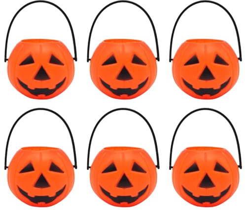 Tradineur - Pack de 6 Mini-Cestas de Calabaza para Halloween - Plástico - Adorno para decoración Festiva - 5 x 7 x 6,5 cm - Naranja