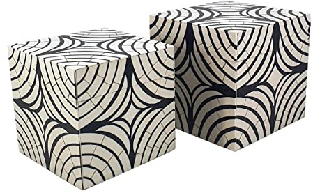 Benjara 8-7 Storage Box Set of 2- Wood Frame- Black and White Trellis