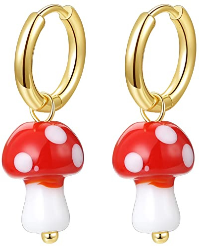 JewelryWe Schmuck Pilzohrringe Damen Creolen Ohrringe mit 3D-Simulation Süßen Pilz Anhänger Edelstahl Baumeln Hängende Ohrringe für Frau Mädchen Gold Rot