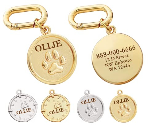 MEMOPAW Dogs ID Tags Personalized Double Sided Deep Engraved Cat & Dog Collar Charm Round Shape Frosting Process Silver/Gold Plated (PAW-Gold)