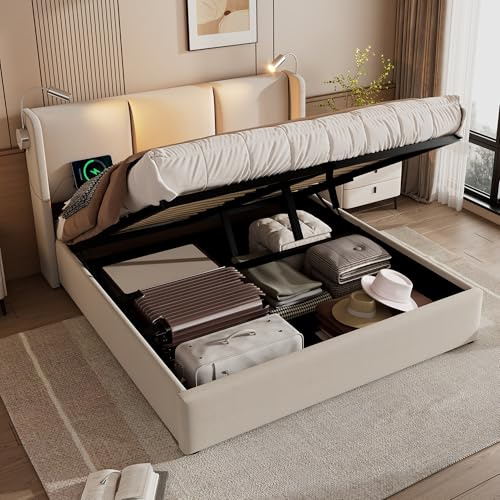 Merax Polsterbett 140x200cm, Hydraulisch Doppelbett mit Leselicht und USB Ladefunktion Kopfteil, Stauraumbetten Bettgestell mit Lattenrost, Leinenmaterial Jugendbett, Ohne Matratze, Beige